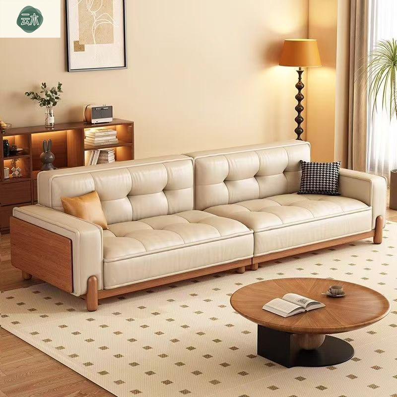 Retro-Style Genuine Leather Sofa for Small Apartments, Living Room Combination, Walnut New Chinese Style Straight-Row First-Layer Cowhide Sofa