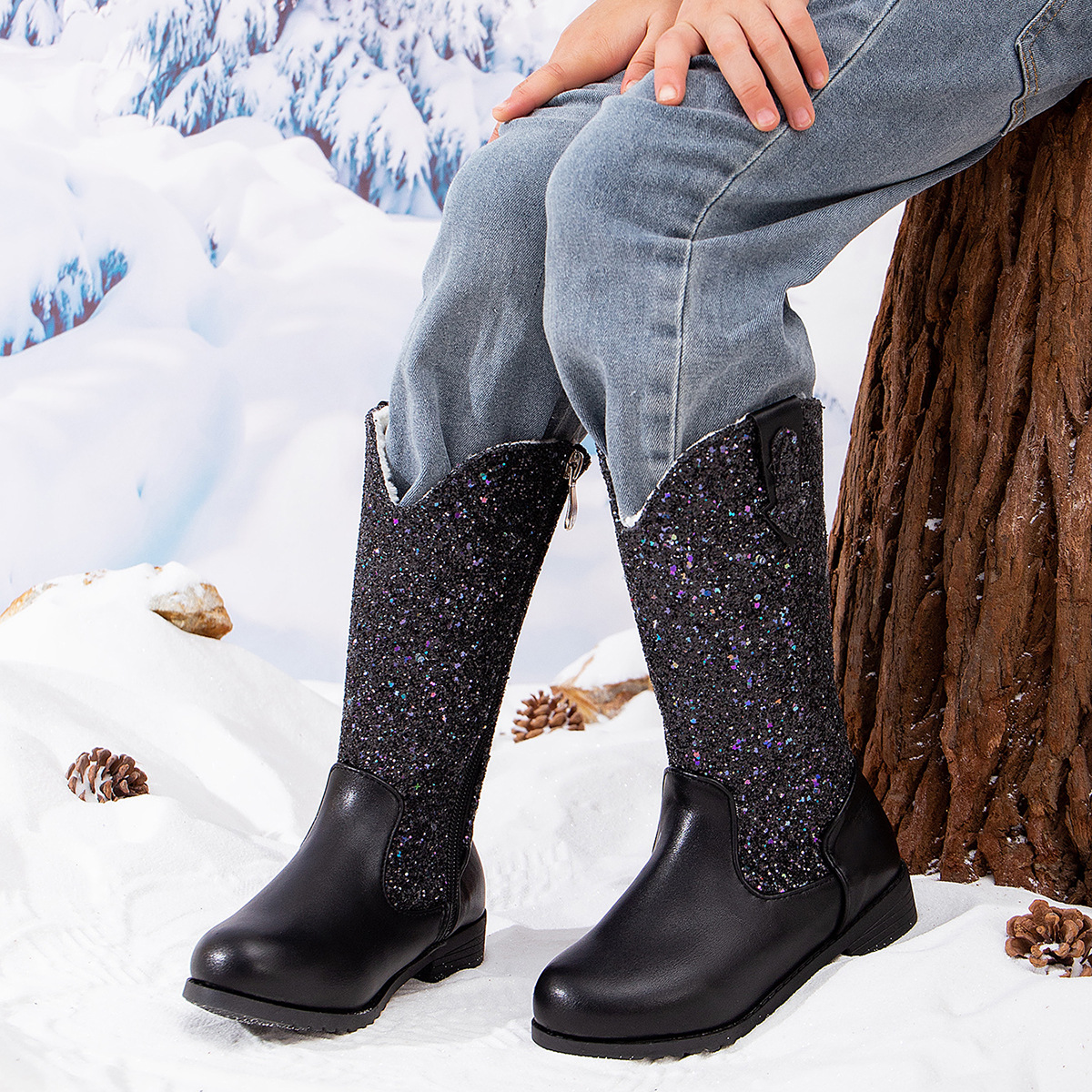 Barnskor Paljetter flickor prinsessboots höst och vinter ny stil liten flicka westernstövlar barn plus sammet varma runda långa stövlar_voghion.com