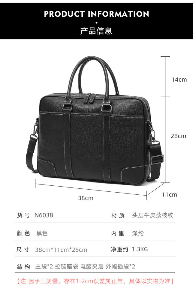 Cặp công sở da bò lớp đầu khóa kéo đôi, túi xách tay nam đựng laptop 14 inch dung lượng lớn, có dây đeo vai 38×11×28 cm — đen chi tiết 11