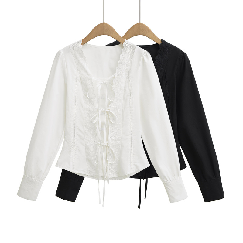 2509-25 Spring New European and American Style Spice Girl Casual Strap Waist Lace Long Sleeve Small Cardigan Shirt