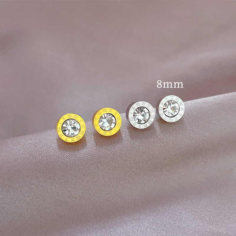 1 Paire Style Simple Rond Numéro Placage Incruster Acier Au Titane Zircon Boucles D'oreilles display picture 1