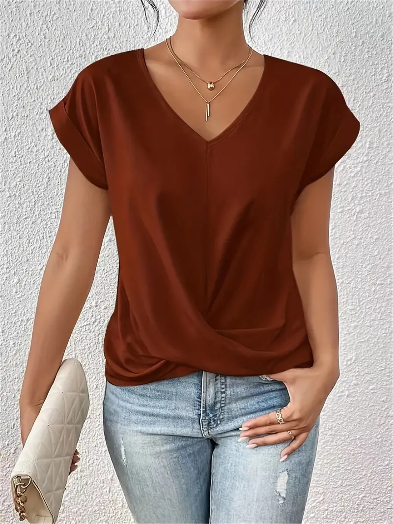 236g Weight Short Sleeve Sleeve Length Spandex, Polyester Fabric Type Long Top Length T-shirt Tops Type Casual, Daily Occasion V Neck Neckline Loose Fit Type Solid Color Pattern Summer Season Women's Gender Casual, Elegant Style Wholesale Women's Spandex Polyester Casual Elegant Solid Color Short Sleeve T-Shirts 12