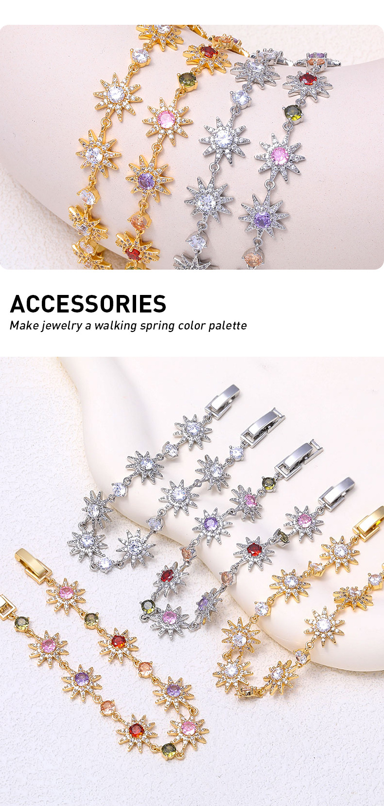 Pulsera de girasol con circonita colorida para mujer ajustable_voghion.com