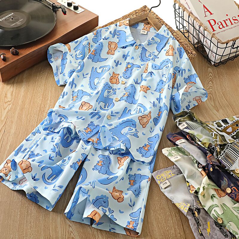 Boys' Summer Cotton Silk Suit 2026 Summer Thin Children's Short-Sleeved Shirt and Shorts Two-Piece Set for Older Children