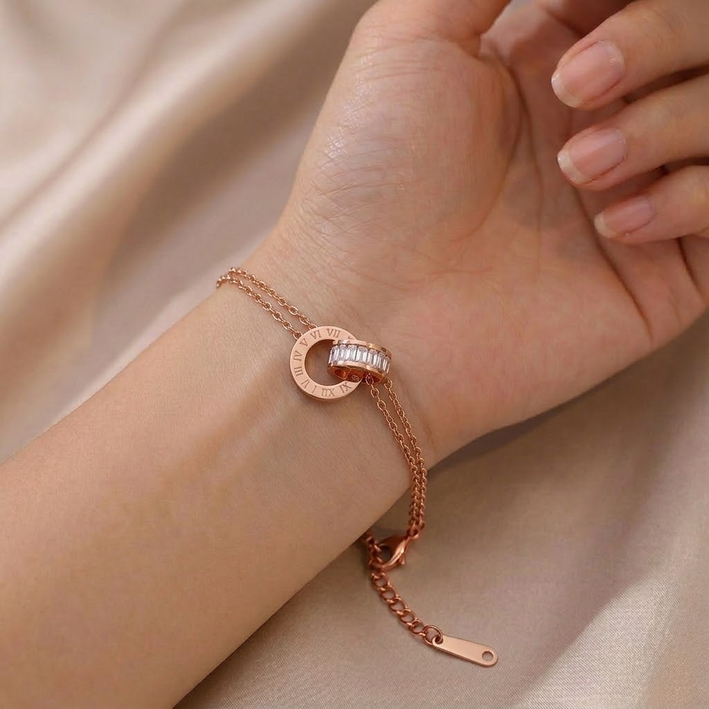 Titanium Steel Bracelet Japanese and Korean Style Zircon Rose Gold Roman Numeral Double Ring Bracelet Ins Personalized Bracelet Bracelet