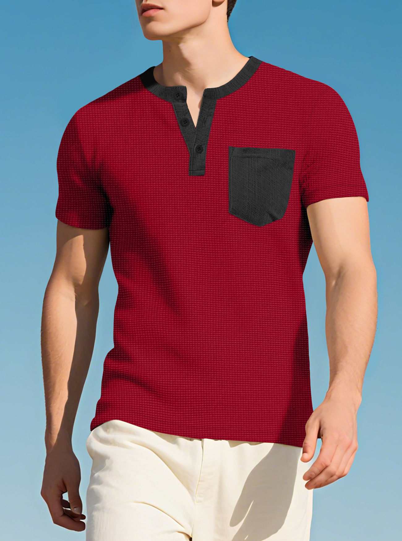 Europa y América hombres cuello redondo manga larga bolsillo de color contrastante camiseta de Henry comercio exterior transfronterizo camiseta casual americana top hombre