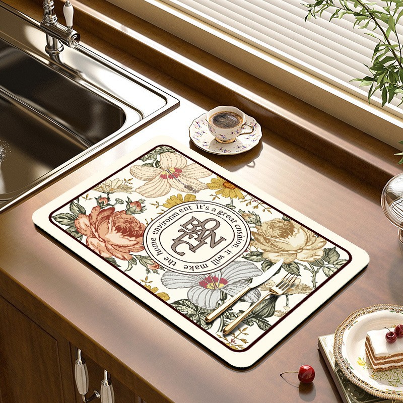 Mesa de cocina de estilo europeo y americano Placa de tazón Taza estera de drenaje Barra de aislamiento estera vintage mesa de té absorbente desechable tecnología paño