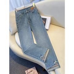 レトロ新中国式ストレートジーンズ女性春夏2025新作ステッチ9分丈ズボン刺繍国風パイプズボン