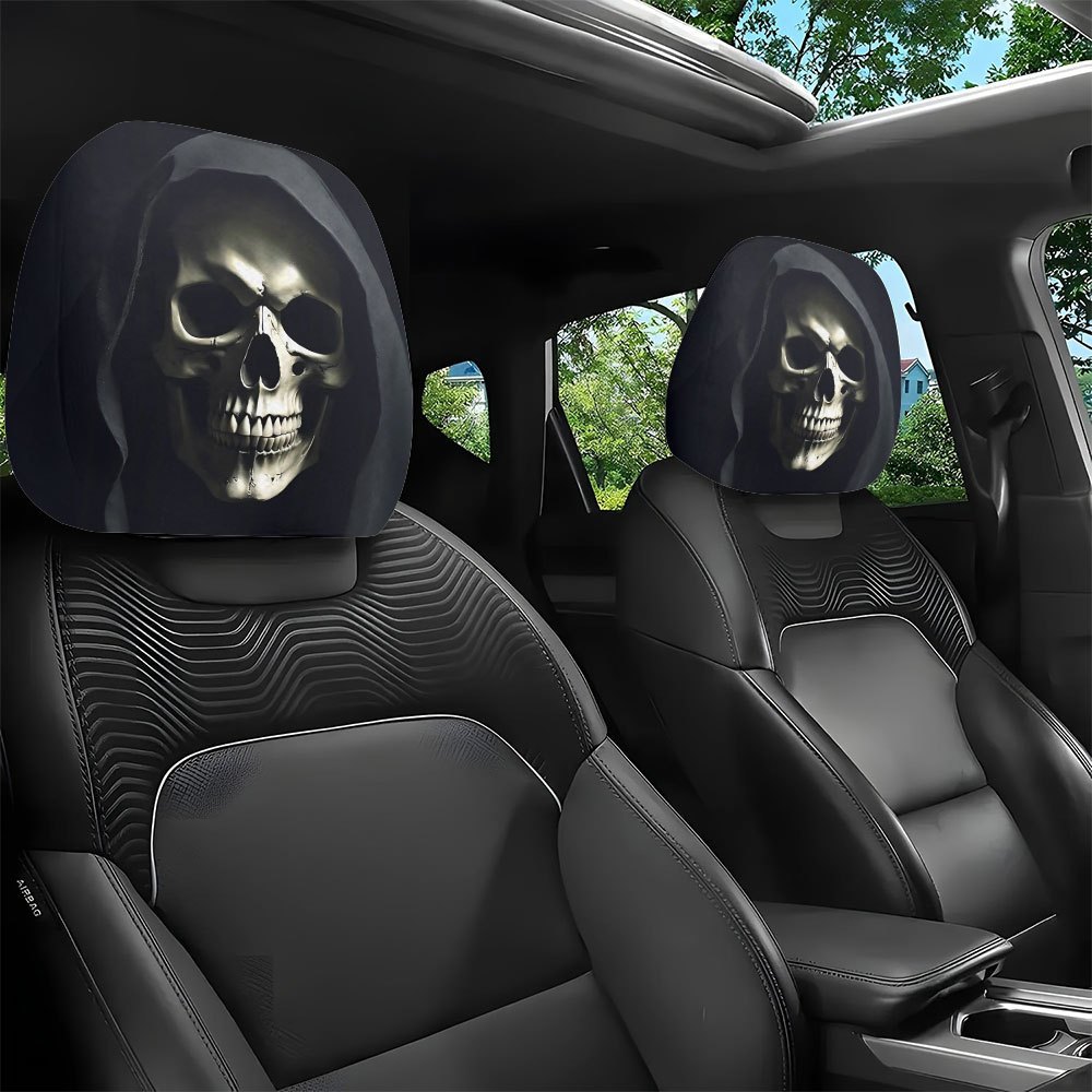 Car headrest cover with gothic death scythe dark-themed personalized print, universal for car interiors, can be customized with labels and made according to provided images