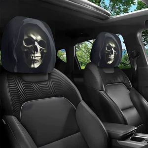 Car headrest cover with gothic death scythe dark-themed personalized print, universal for car interiors, can be customized with labels and made according to provided images