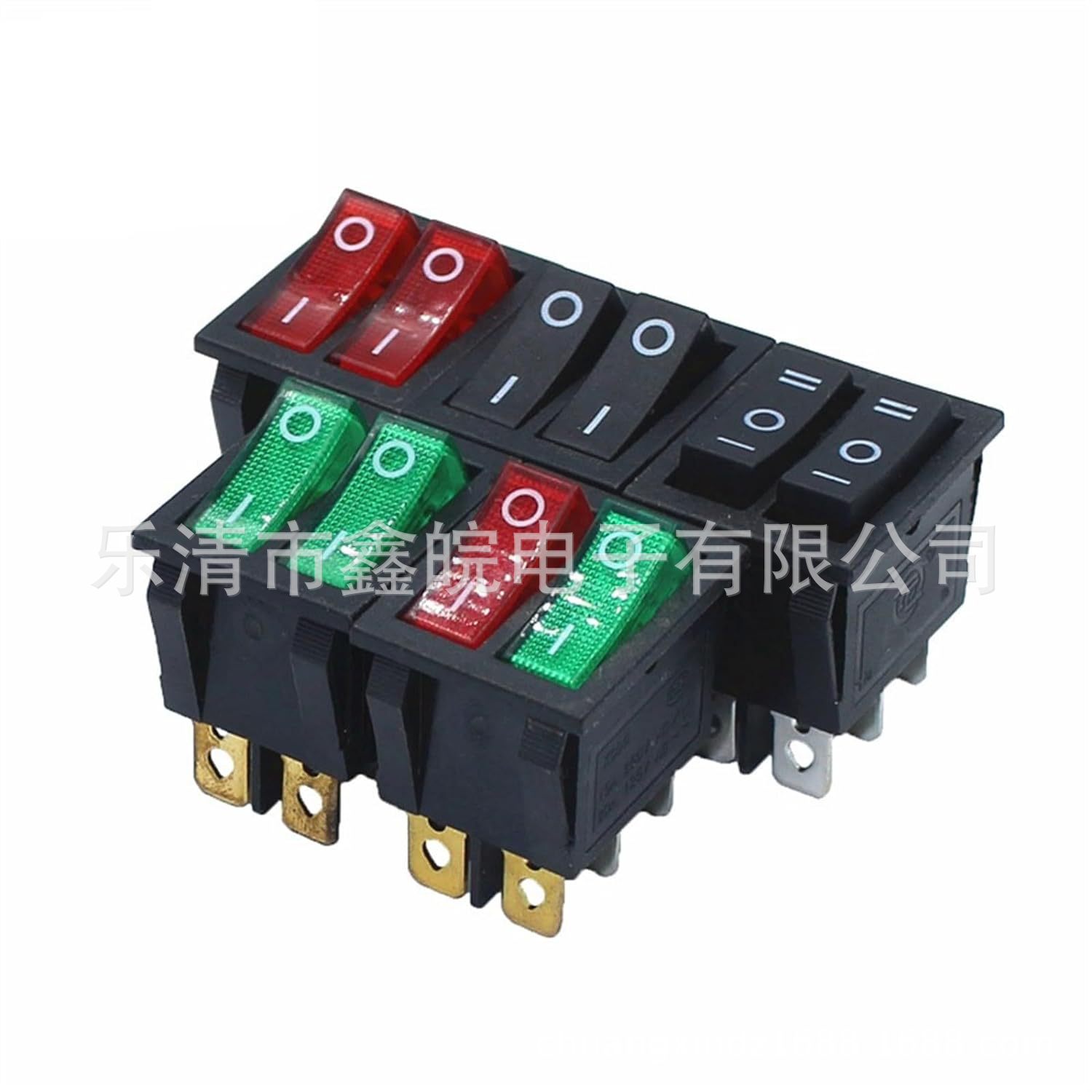 供应双联带灯船型开关 KCD3双开红绿双色翘板6脚全铜电源开关