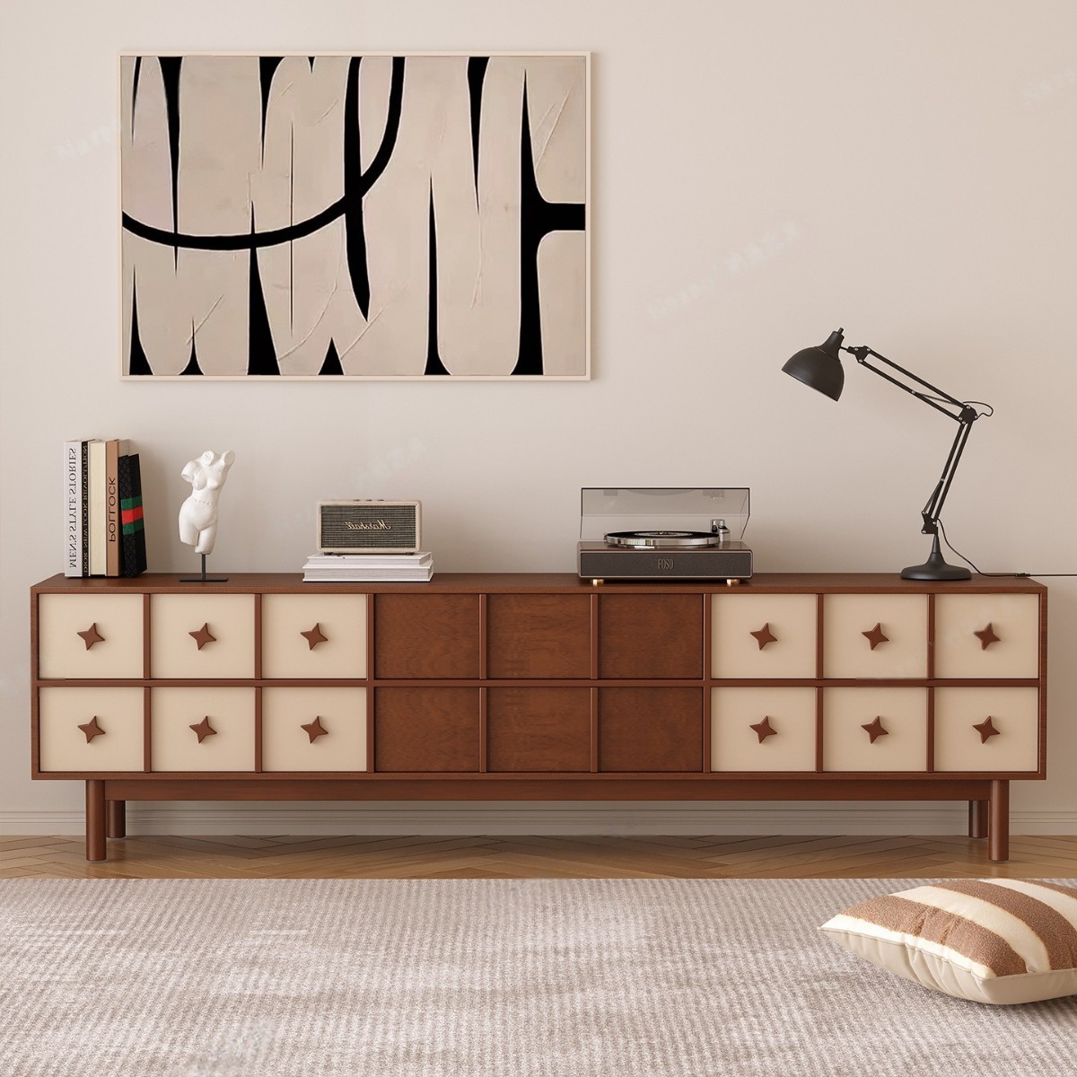 Medieval Style Solid Wood Tv Cabinet Small Apartment Storage Storage Cabinet Designer Retro Color Matching High-Leg Floor Cabinet