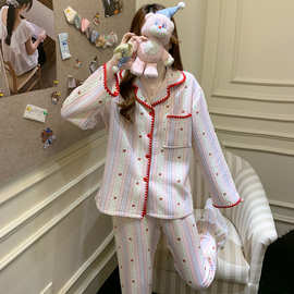 秋冬睡衣女长袖棉质厚款保暖冬季2025新款空气棉夹层甜美开衫套装