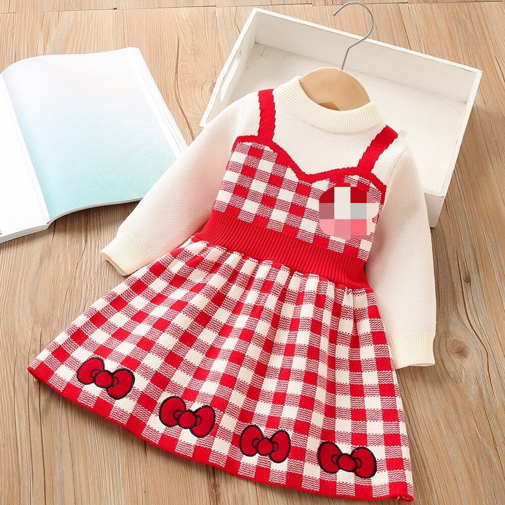 Ragazze Di Lana D 2023 Inverno Nuova Bambina Alla Moda Falso in Due Pezzi Del Fumetto Ricamato a Maniche Lunghe per Bambini_voghion.com