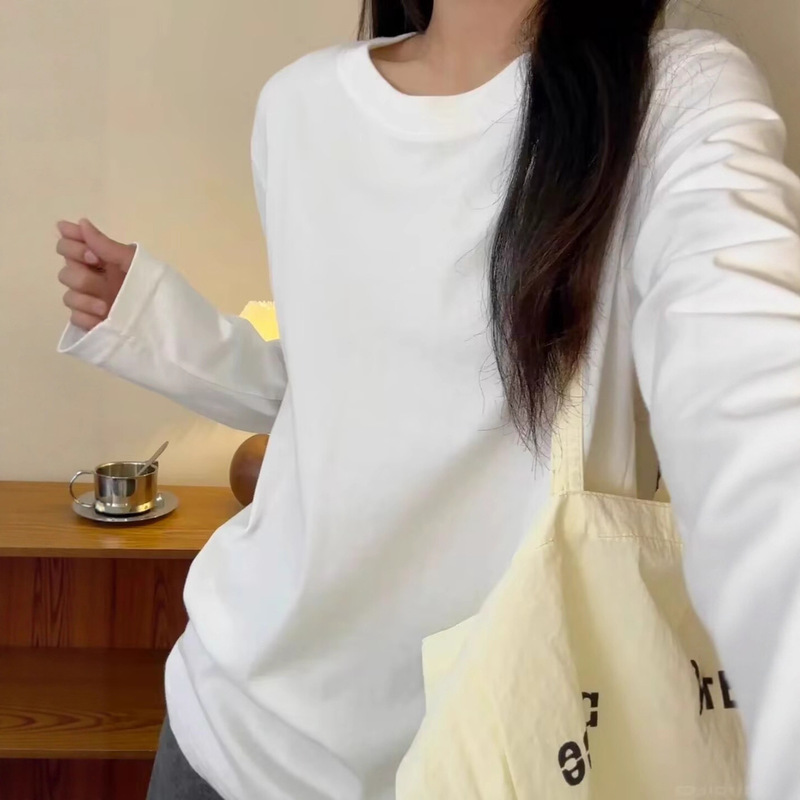 正肩纯棉长袖T恤女春秋内搭纯色打底衫宽松百搭上衣简约休闲体恤|undefined