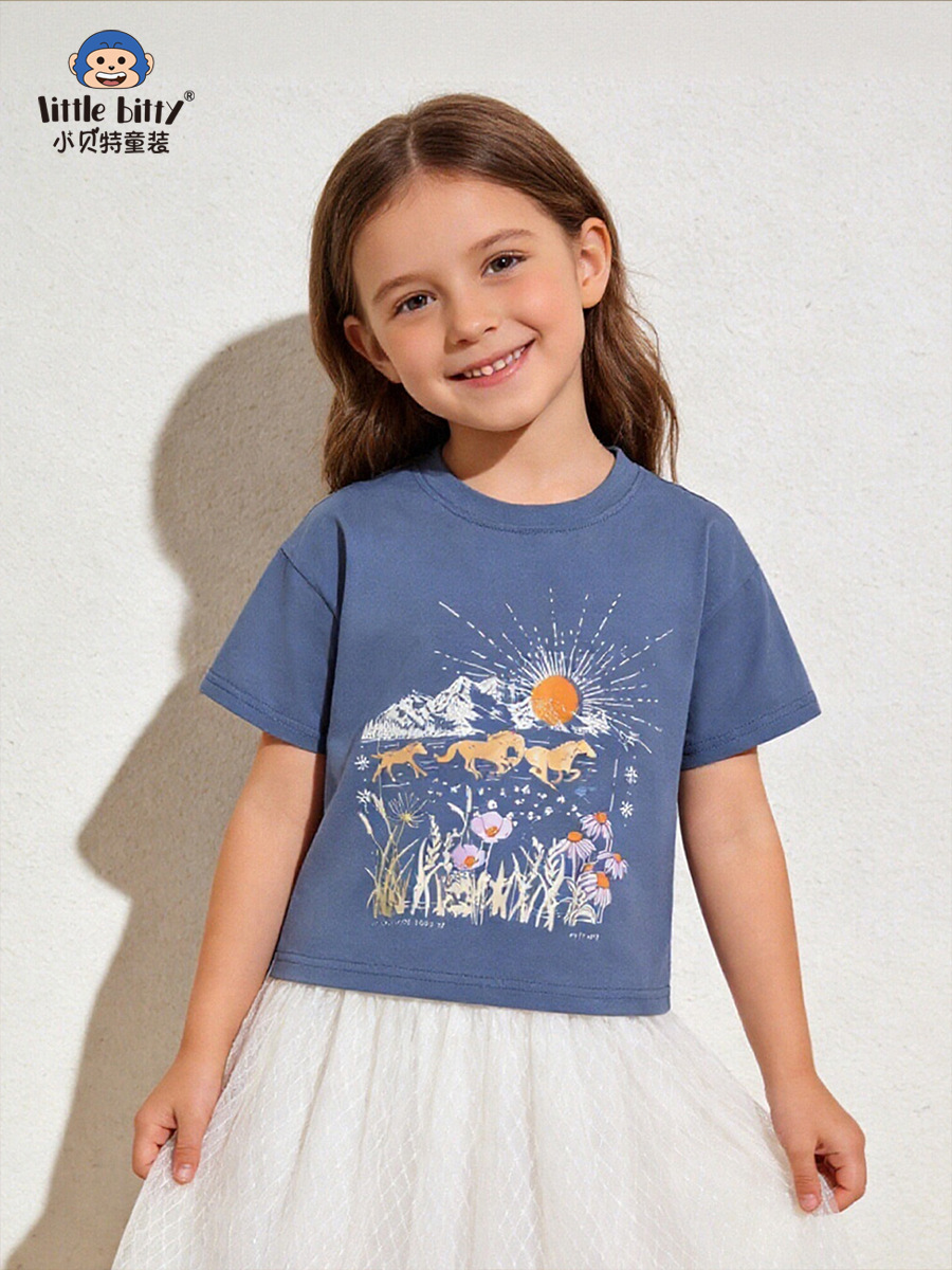 Cross-Border Children's Clothing 26Th Spring/Summer Collection Children's Short-Sleeve T-Shirt with Cartoon Animals and Floral Prints, Round Neck, in Stock