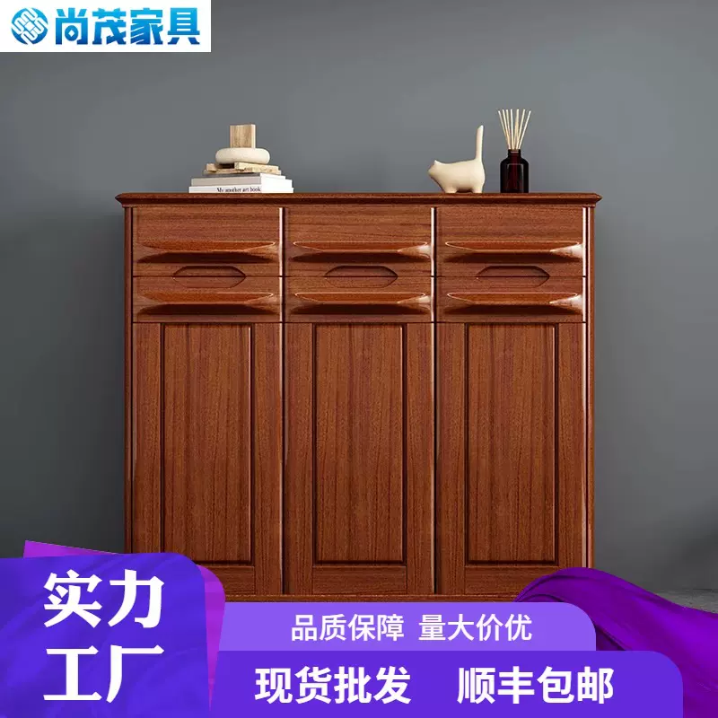 中式胡桃木实木鞋柜简约家用进门客厅大小户型收纳柜玄关三门柜子