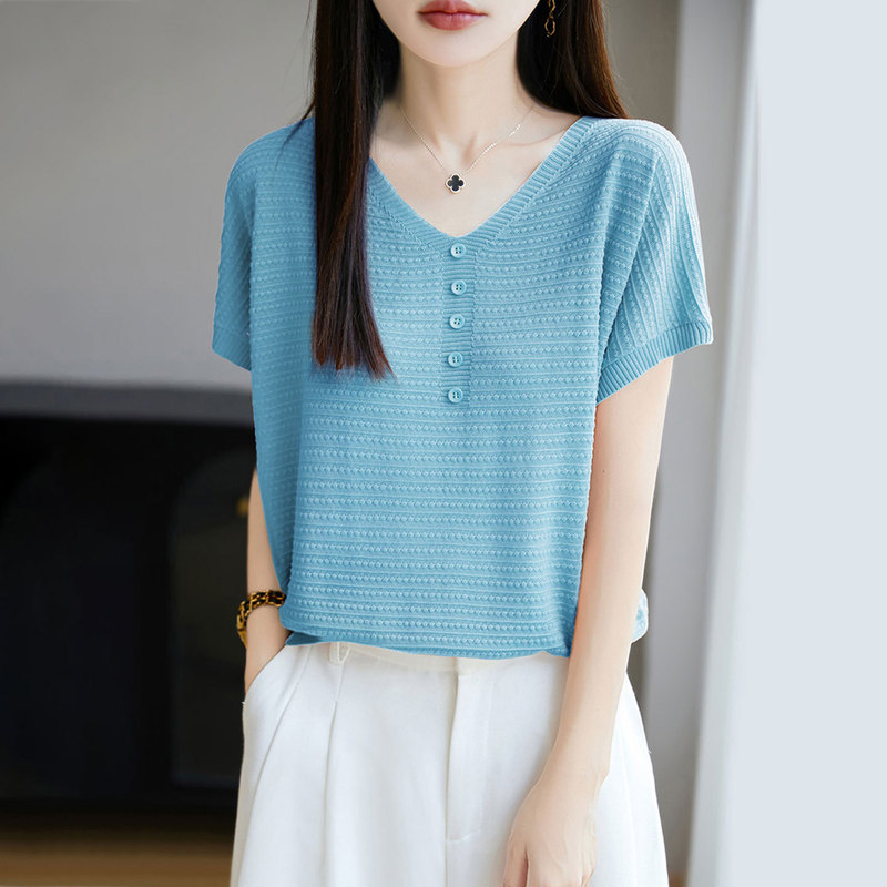 [Directly from the Manufacturer] V Neck Tencel Short-Sleeved T-Shirt for Women Summer New Pure Color Fashionable Loose Short Knitted Top
