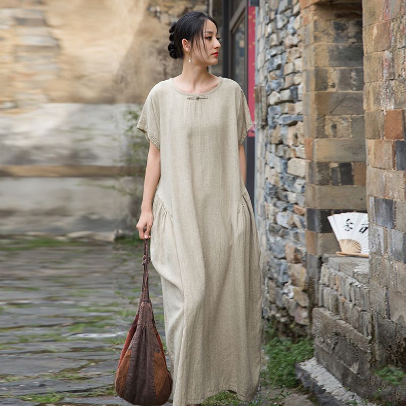 Women Retro Cotton Linen Dress Loose Oversize Maxi Round Neck Dress Short  Sleeve | eBay
