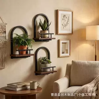 实木壁挂式复古衣帽架三层置物架带挂钩钥匙收纳玄关装饰悬浮架
