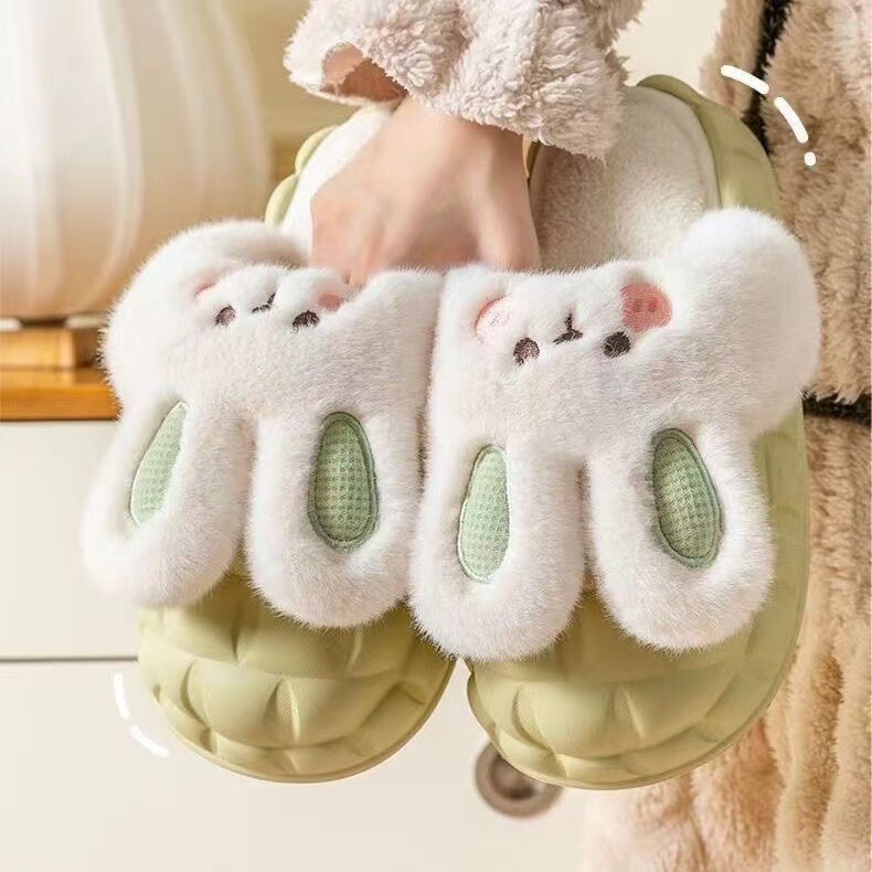 Winter Cotton Slippers for Home Use, Removable and Washable, Waterproof, Non-Slip, Warm, Dormitory Couple's White Rabbit Slippers, Women's Thick-Soled