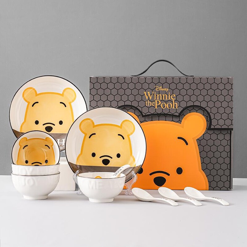 Polytai People Winnie the Pooh 10-Piece Creative Household Bowls, Plates, Spoons, Ceramic Tableware Set, Business Souvenir Group Purchase