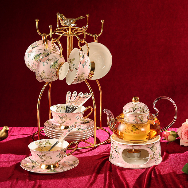 British Style Bone China Afternoon Tea Set Light Luxury Glass Boiling Fruit Flower Teapot with Filter Tea Cup suit Candle Heating
