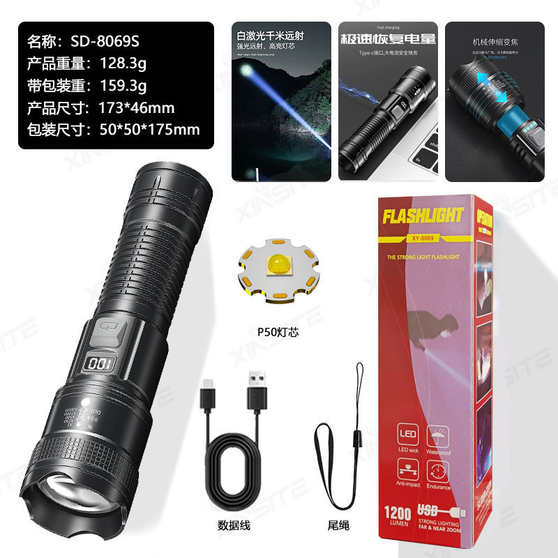 跨境爆款ABS强光伸缩调焦数字电显户外应急便携充电手电筒家用|undefined