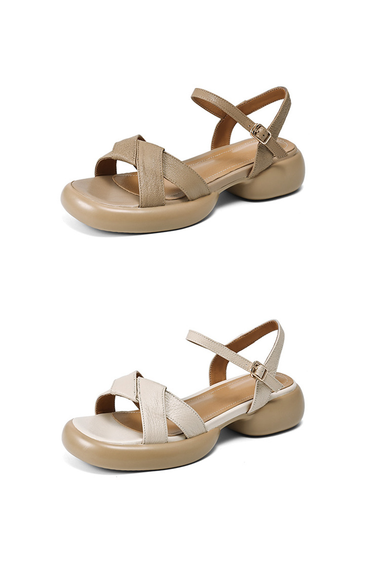 Sandal hở ngón da cừu gót thô đế dày quai ngang kiểu La Mã rỗng — Màu trắng be chi tiết 18