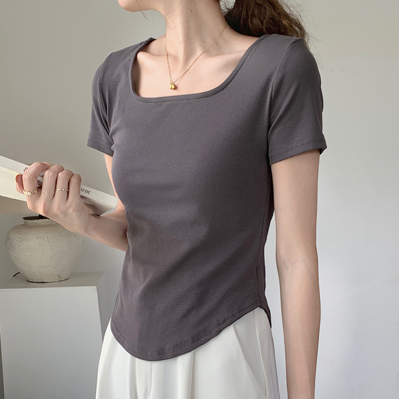 260g Selected Pure Cotton T-Shirt for Women, Summer Short-Sleeve 2026 New Style, Irregular Curved Slim-Fit U-Neck Base Shirt