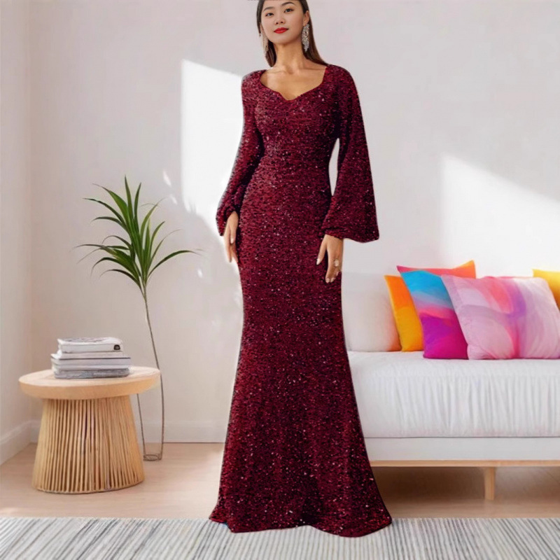 European and American Spring and Summer New Fashion Sequined Bodycon Dress with Flared Sleeves and Mid-Waist Long Evening Gown