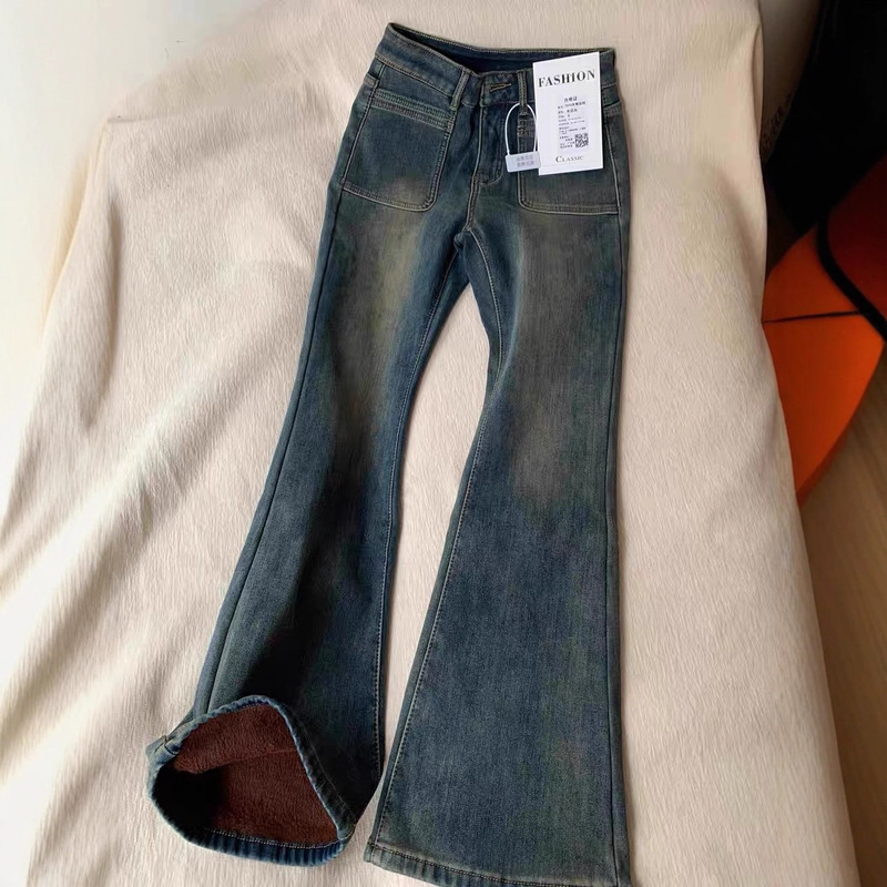 [Han Niu] Small Women's Bootcut Jeans, Thickeneded 2025 New Autumn and Winter High-Waisted Bootcut Pants Fleece-Lined