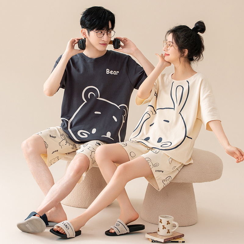 [Antibacteriano] Pijamas de pareja de verano de algodón puro para hombres y mujeres de manga corta de dibujos animados lindo casual se puede usar fuera del traje de servicio a domicilio