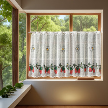 亚马逊跨境成品清新草莓小花刺绣短帘蕾丝透光咖啡帘半帘成品帘