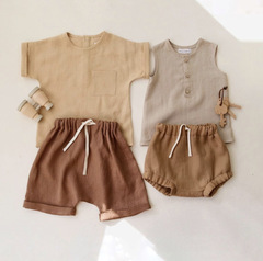 Children's Short Sleeve Set Cotton Linen Pocket Top and Shorts Two-Piece Set Boys Summer Set Boy Ins