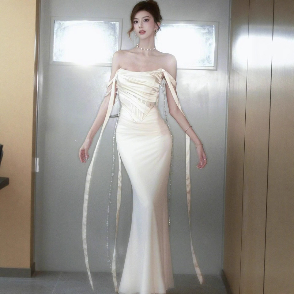 Chen Duling's French-Style Off-Shoulder Beaded Chain Strap Mermaid Dress with Waist-Cinching Slimming Evening Gown Bodycon Dress for Women