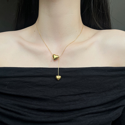 Cross-border simple double heart necklace niche design sense titanium steel peach heart pendant fashion heart-shaped clavicle chain wholesale 