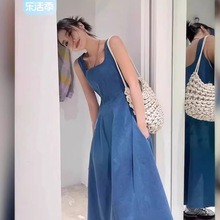 6348蓝色方领法式连衣裙女夏季新款小个子高端优雅气质无袖背心裙