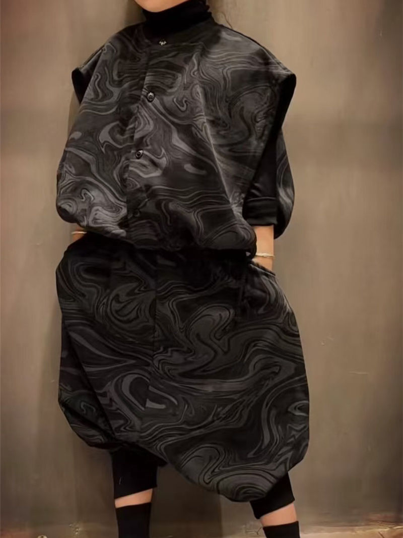 潮洋气国风云纹套装中国风春秋儿童马甲坎肩男女潮宝束脚飞鼠裤