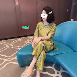 优雅质感印花新中式短袖女2025年夏季新款宽松遮肉显白大码套装