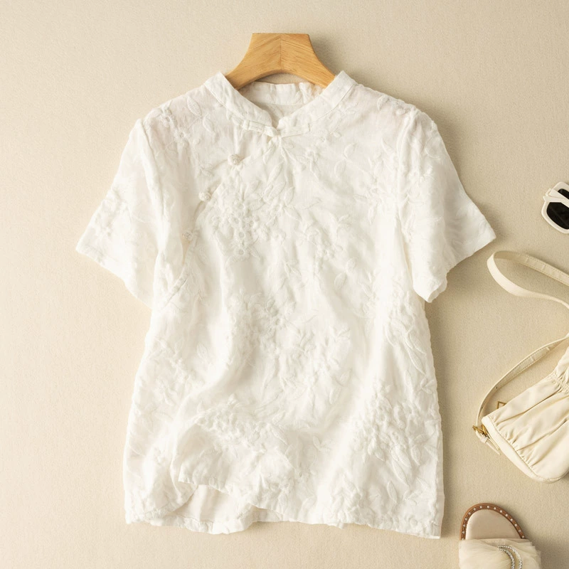 Женская рубашка из хлопка и льна с короткими рукавами, летняя, с тяжелой вышивкой, воротник-стойка, топ из хлопка и льна, элитный летний новый стиль 2025 года.