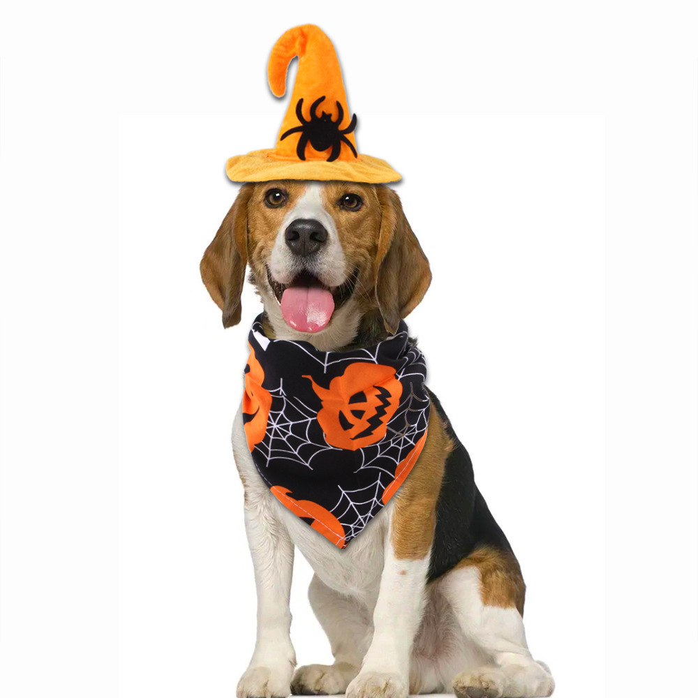 Traje de ropa para mascotas de Halloween, sombrero de murciélago, toalla de saliva de calabaza, vestido de gato, accesorios divertidos
