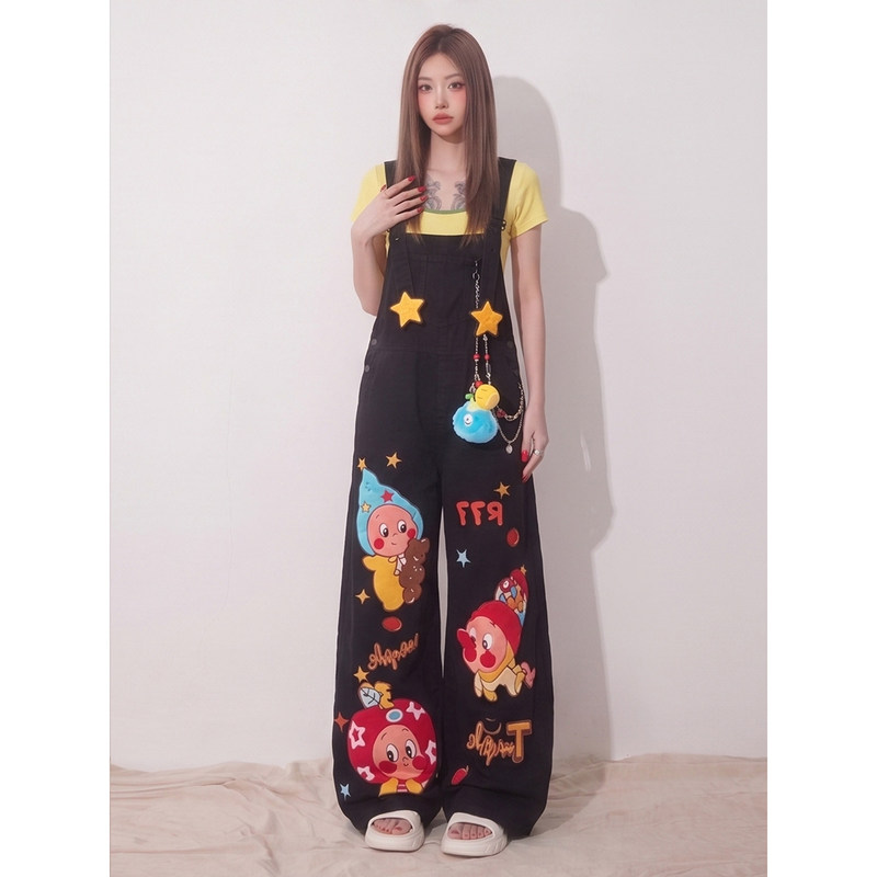 American retro cute cartoon embroidered patchwork denim overalls for women, plus size, new summer style with a relaxed feel American retro cute cartoon embroidered patchwork denim overalls for women, plus size, new summer style with a relaxed feel