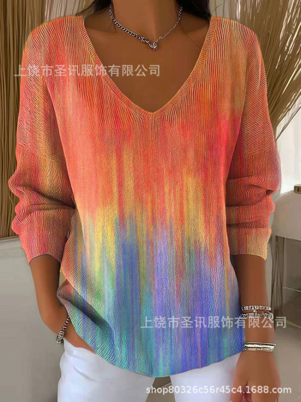 欧美跨境独立站新款3D印花女士时尚渐变色V领长袖T恤上衣|undefined