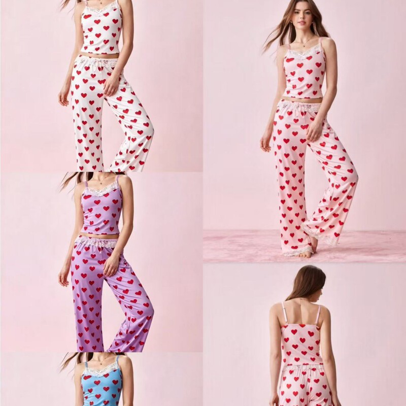 Cross-border new printed long pants with lace trim, a two-piece set that can be worn as outerwear, women's European and American style loungewear, milk-colored polka dot pajamas Cross-border new printed long pants with lace trim, a two-piece set that can be worn as outerwear, women's European and American style loungewear, milk-colored polka dot pajamas