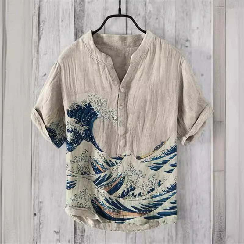 AliExpress трансграничная экспортная мужская рубашка 2024 года, новый большой размер, с коротким рукавом, на трех пуговицах, с принтом, дышащая