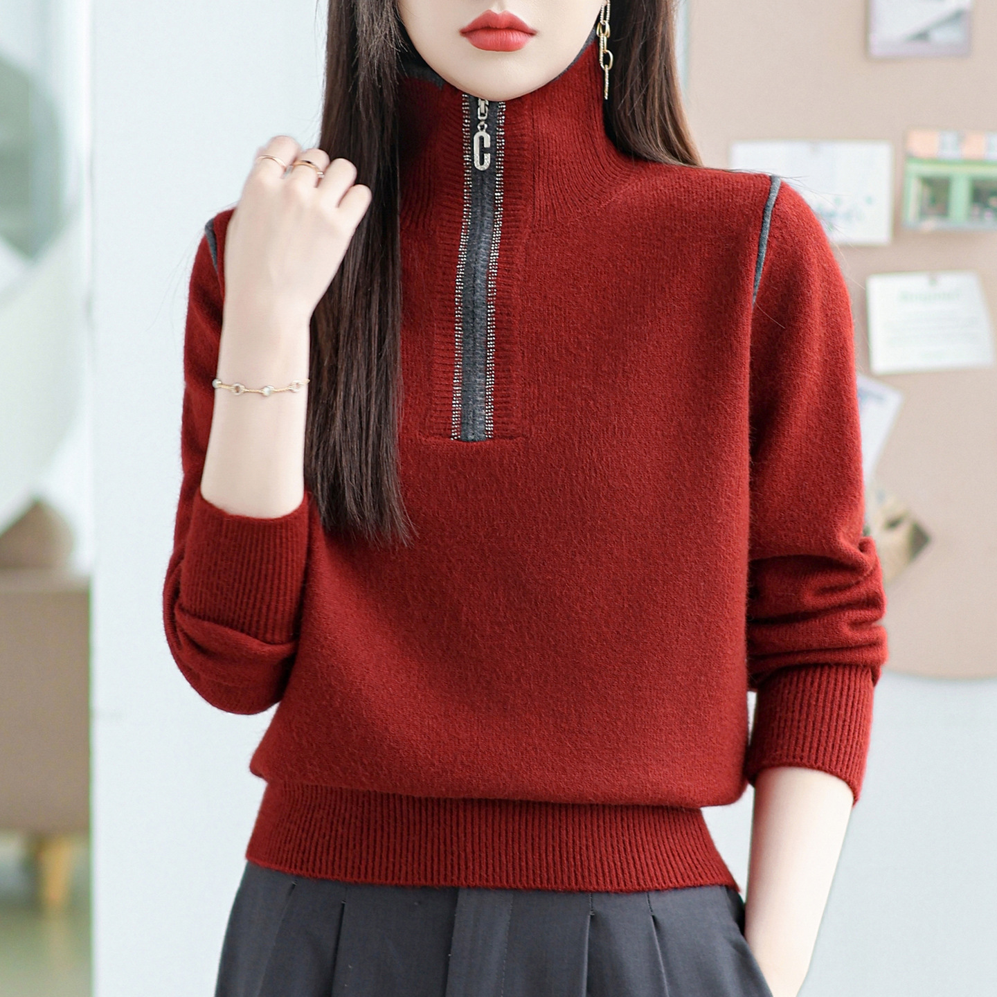 高领半拉链针织衫女时尚拼色洋气毛衣上衣秋冬显瘦立领打底衫女式