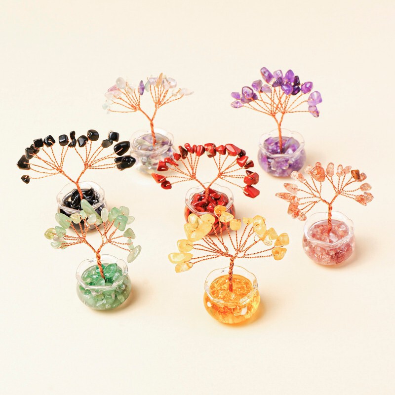 Natural Citrine Fortune Tree Pink and Purple Small Ornaments Office Workstation Healing Desktop Home Cute Decoration