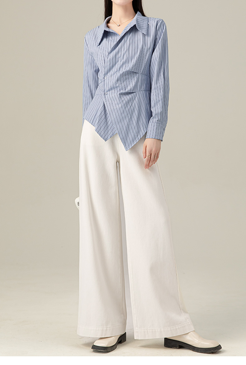 Quần ống loe nữ cạp cao dáng suông rộng chất liệu linen phối sợi tencel — xanh lam chi tiết 10