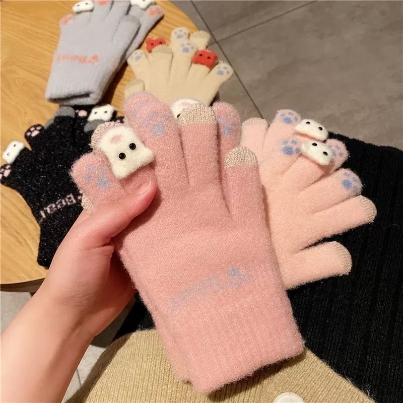 手袋の秋冬の女性のかわいい騎乗は保温を厚くして防寒学生のニットの毛糸を厚くして綿の手袋の5本の指に触れることができます。|undefined